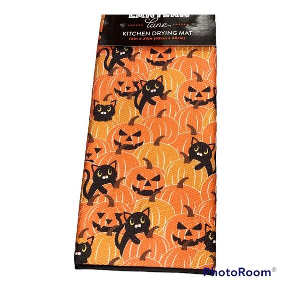 Halloween Jack o Lantern Black Cat Pumpkin Kitchen Dish Drying Mat Spooky Gothic